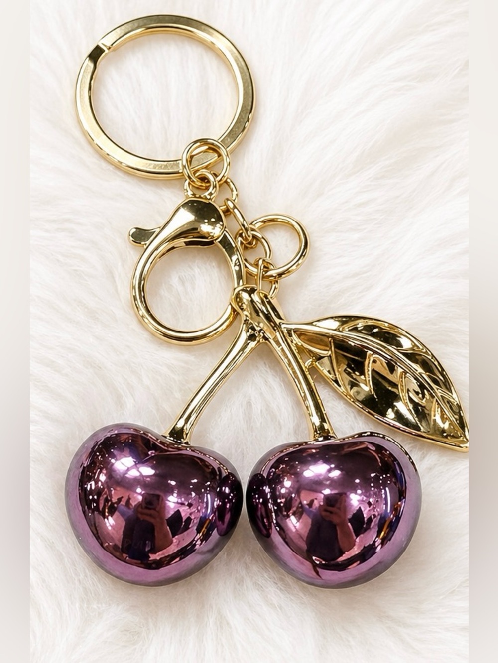Purple Cherry Keychain Gold Tone Glossy Bag Charm